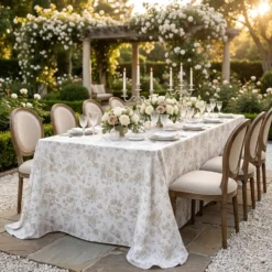 French Toile (Poly Print) Table Linen in Taupe