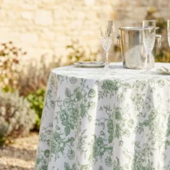 French Toile (Poly Print) Table Linen in Willow Green