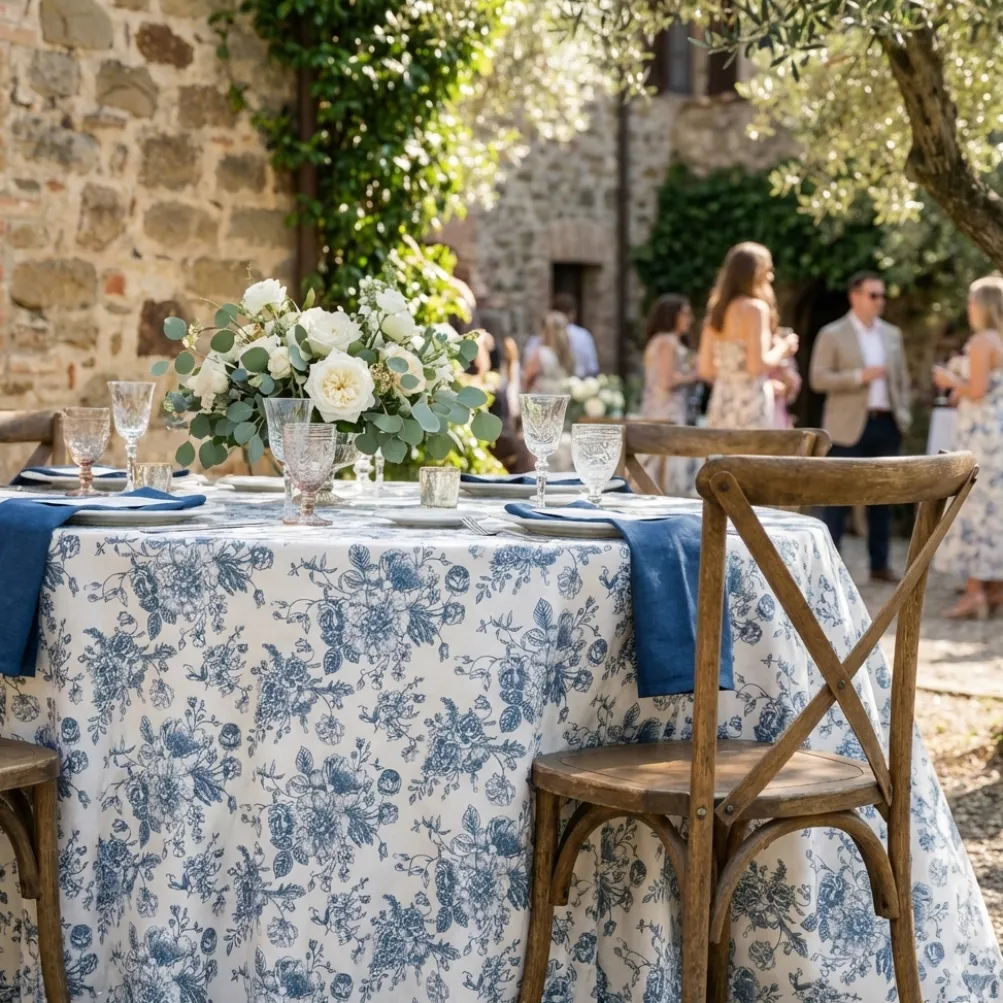 French Toile (Poly Print) Table Linen in Copen Perry
