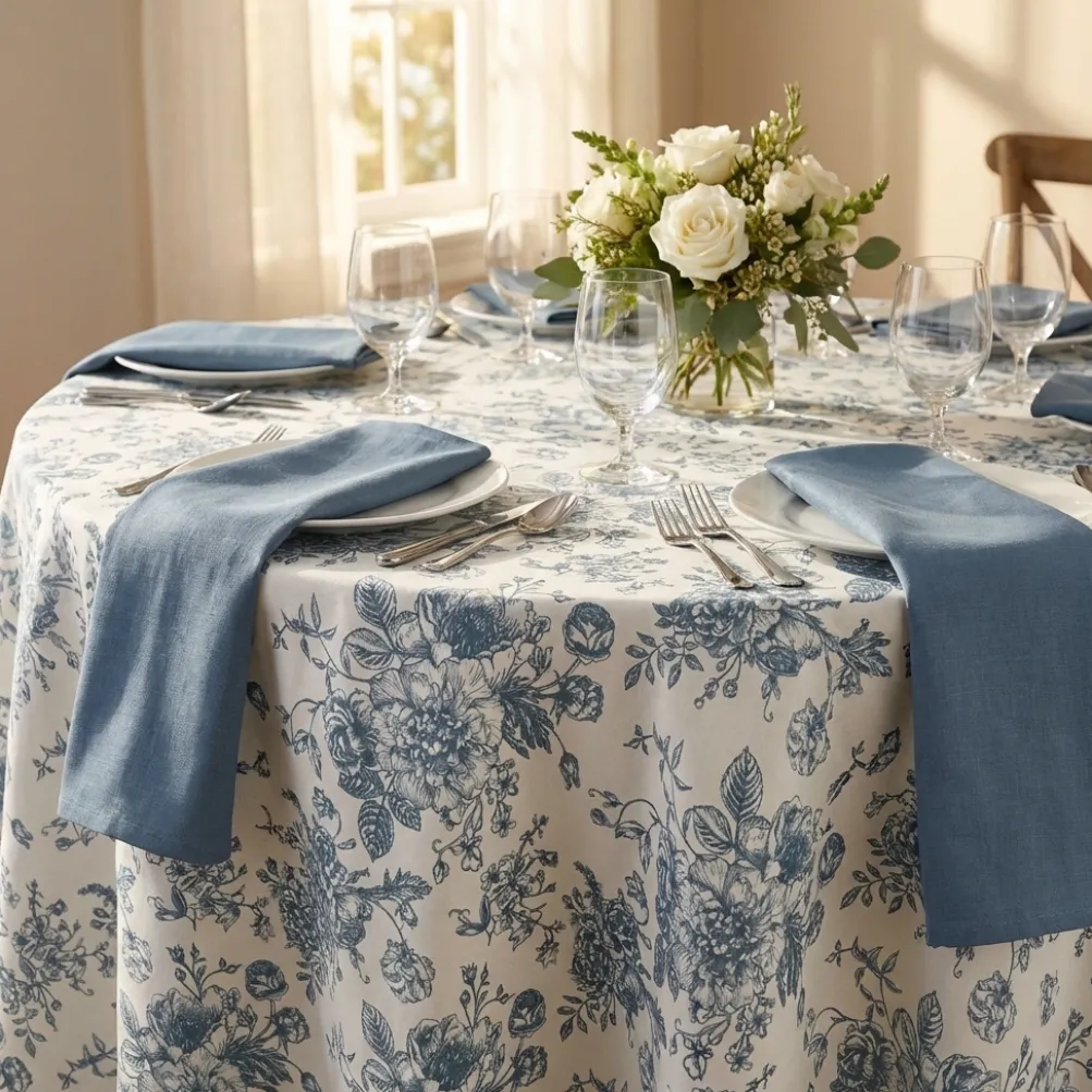 French Toile (Poly Print) Table Linen in Copen Perry