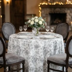 French Toile (Poly Print) Table Linen in Grey