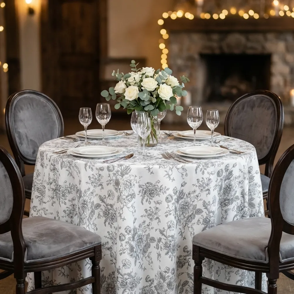 French Toile (Poly Print) Table Linen in Grey