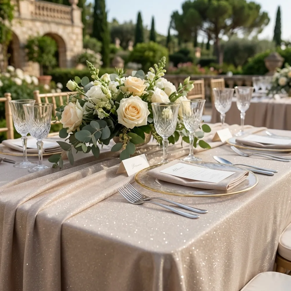 Glitter Velour Table Linen in Beige