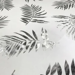 Leaf (Metallic Print) Table Linen in White and Silver