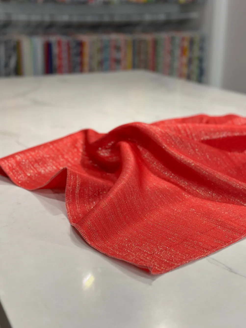 Metallic Burlap Table Linen in Red/Silver