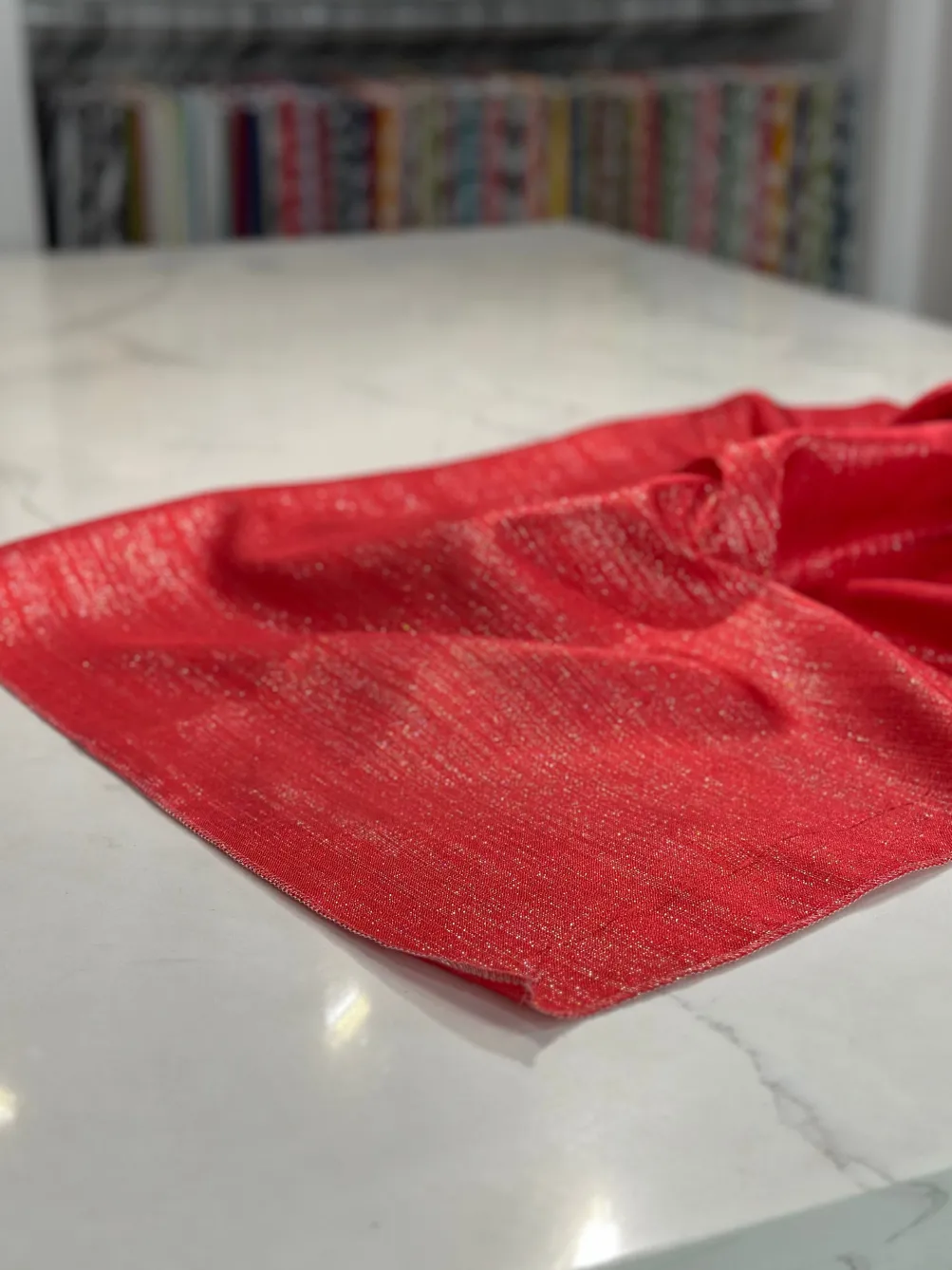 Metallic Burlap Table Linen in Red/Silver