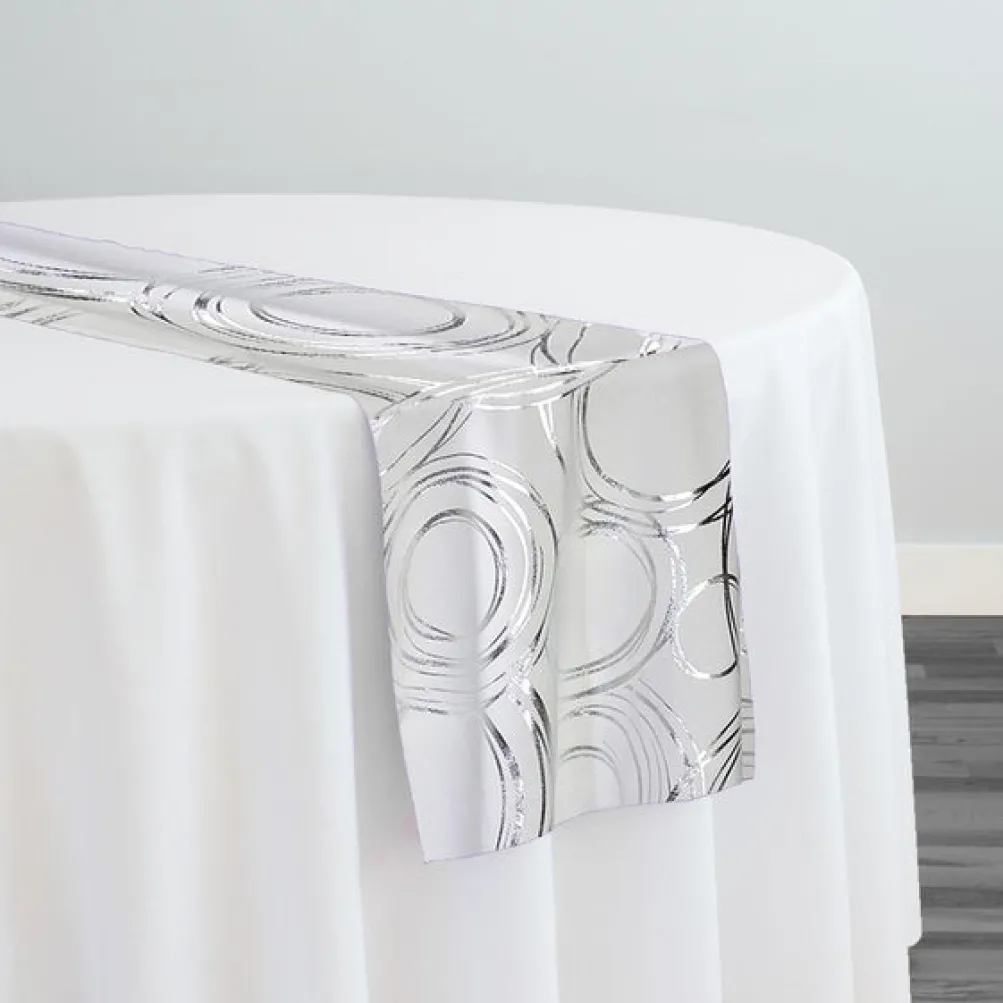 Orbit (Metallic Print) Table Runner in White and Silver