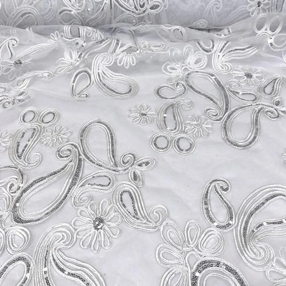 Paisley Floret Sequins Table Runner in White