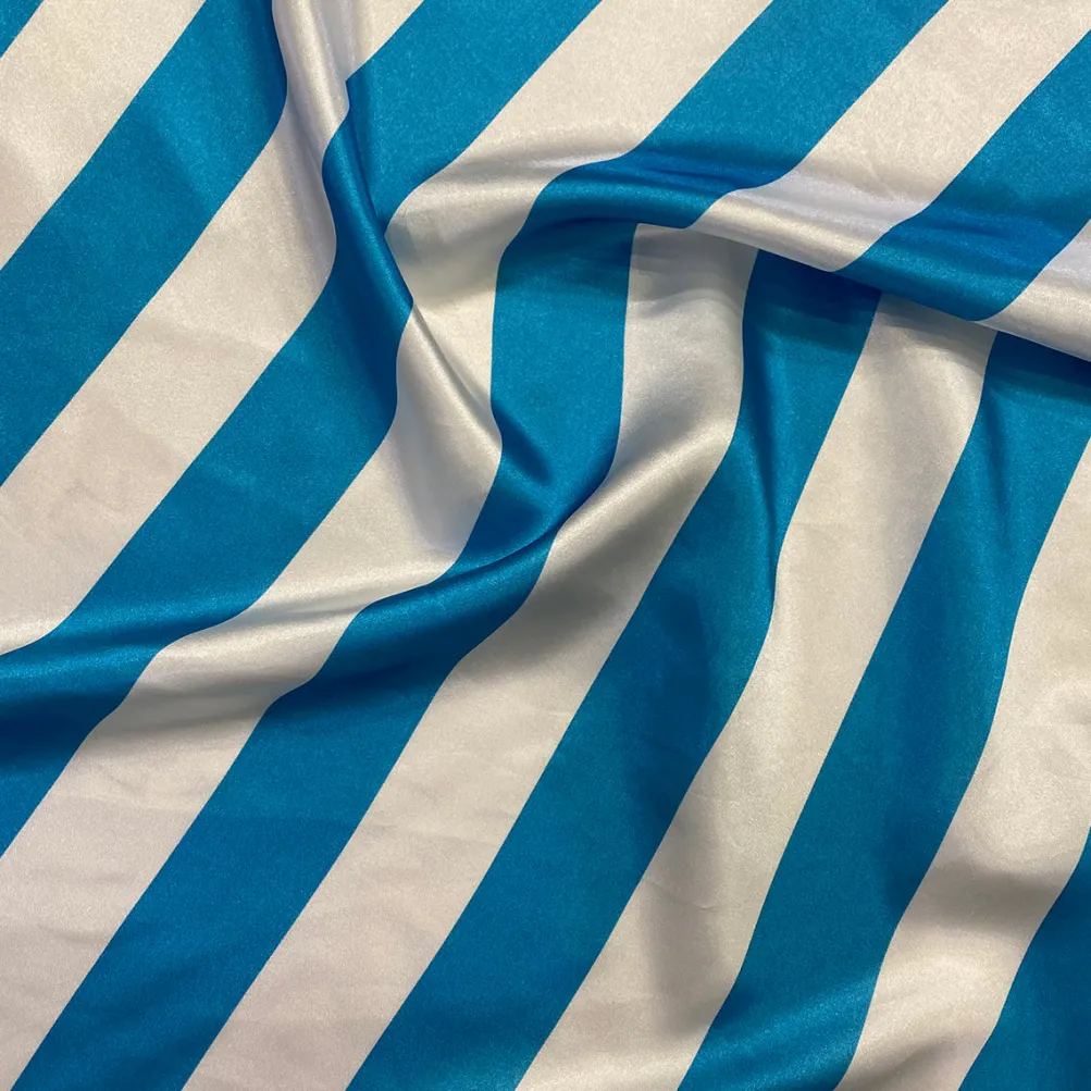1pc - 2" Satin Stripe Table Linen 120" Round - White and Turquoise