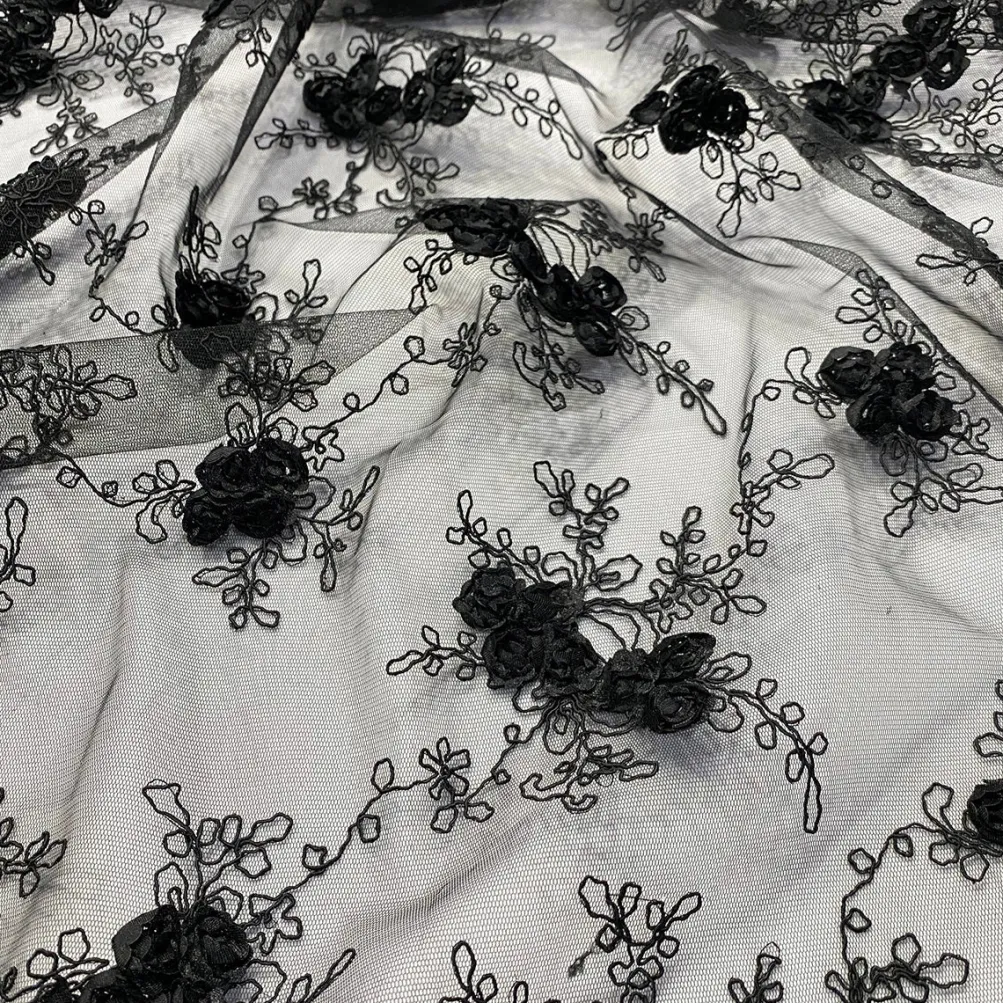 10pcs - Baby Rose Embroidery Table Runner 14"x108" - Black