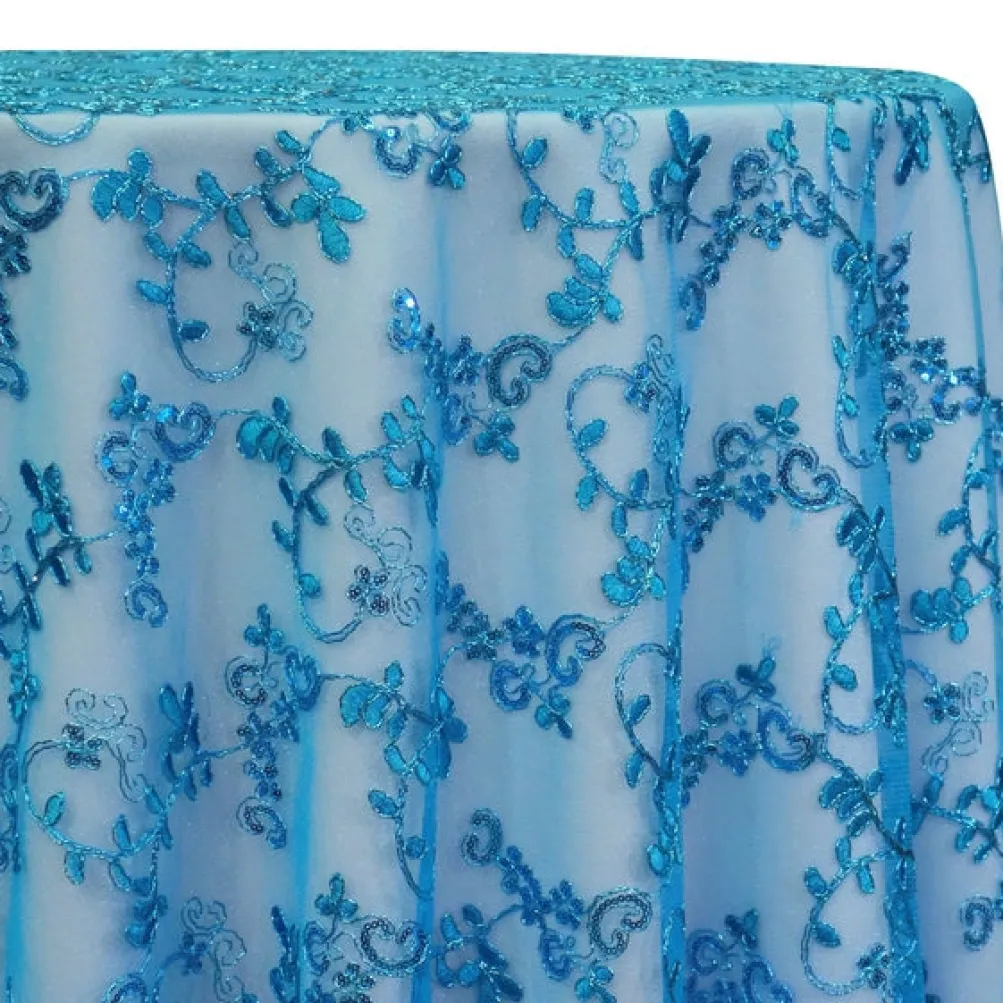 7pcs - Basil Leaf Embroidery Table Linen 132" Round - Turquoise