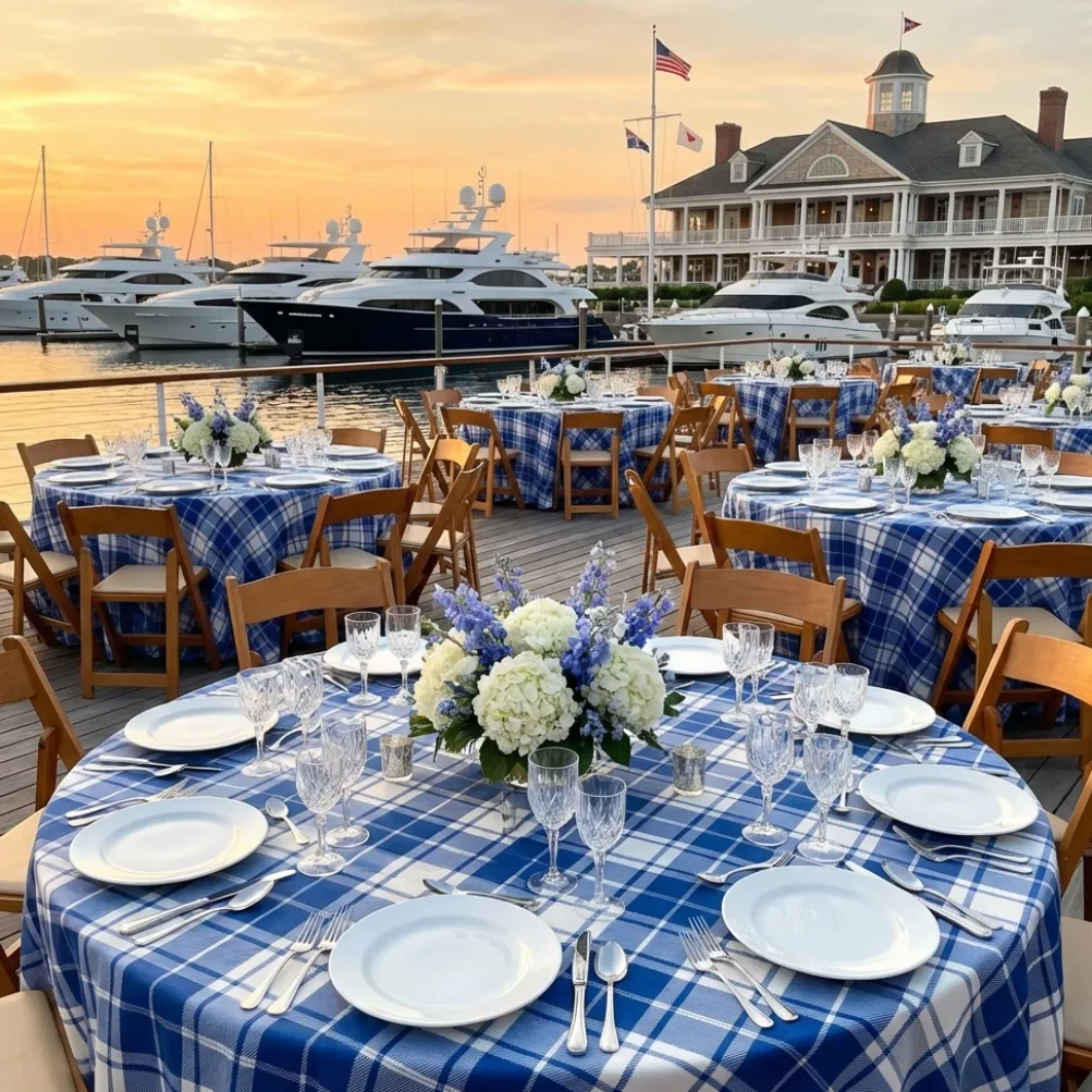 Plaid (Poly Print) Table Linen in Harbor Blue