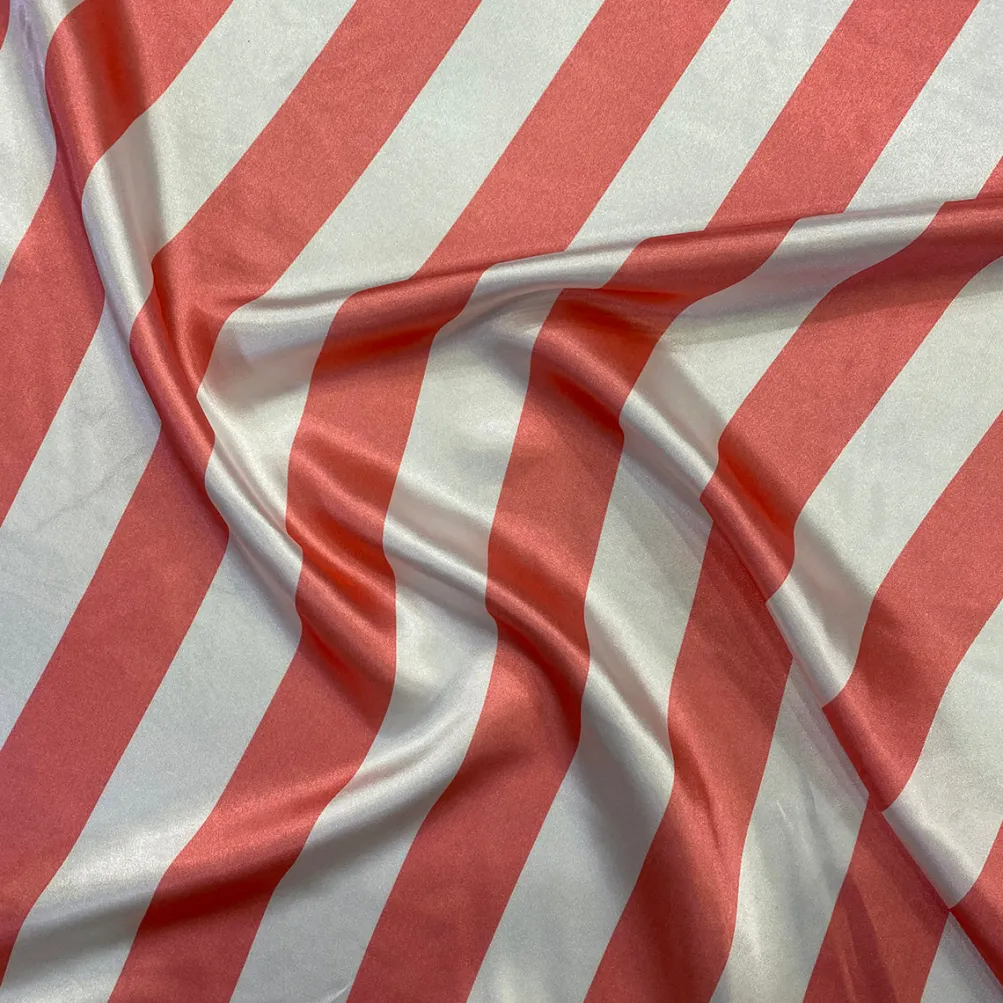 2" Satin Stripe Table Linen in White and Coral
