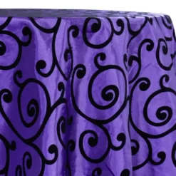 Swirl Flocking Taffeta Table Linen in Black on Purple