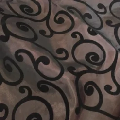 Swirl Flocking Taffeta Table Linen in Black on Brown