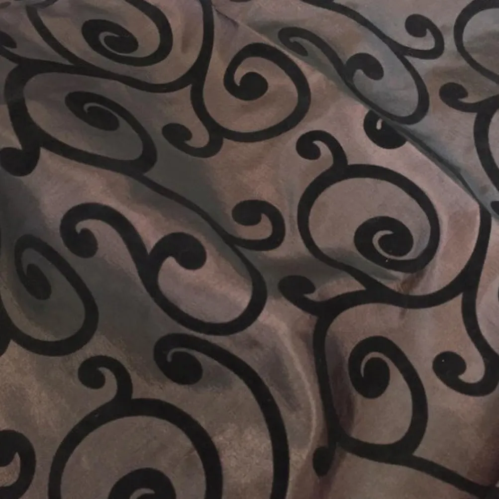 Swirl Flocking Taffeta Table Linen in Black on Brown
