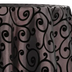 Swirl Flocking Taffeta Table Linen in Black on Brown