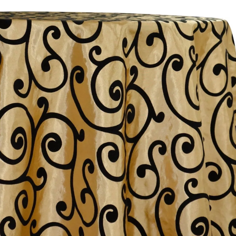 Swirl Flocking Taffeta Table Linen in Black on Gold