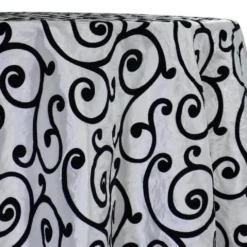 Swirl Flocking Taffeta Table Linen in Black on Ivory