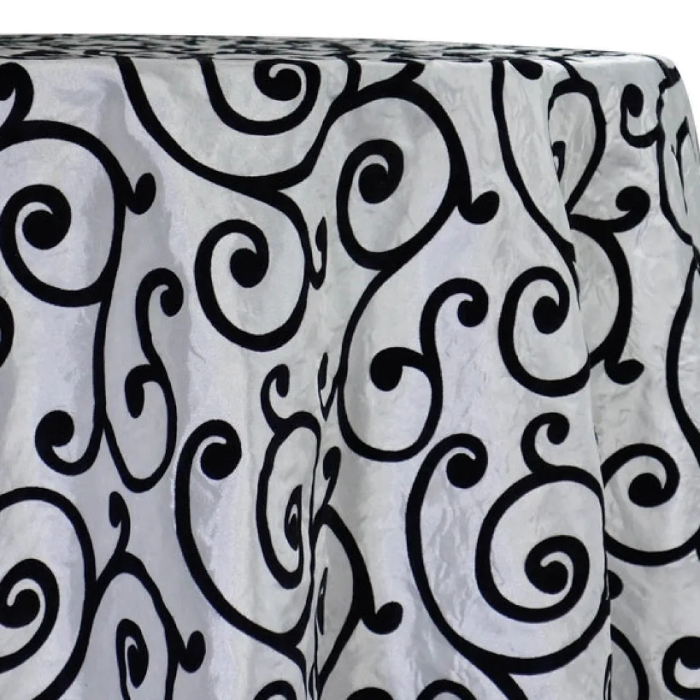 Swirl Flocking Taffeta Table Linen in Black on Ivory