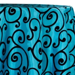 Swirl Flocking Taffeta Table Linen in Black on Turquoise