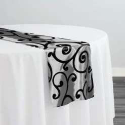 Swirl Flocking Taffeta Table Runner in Black on Silver