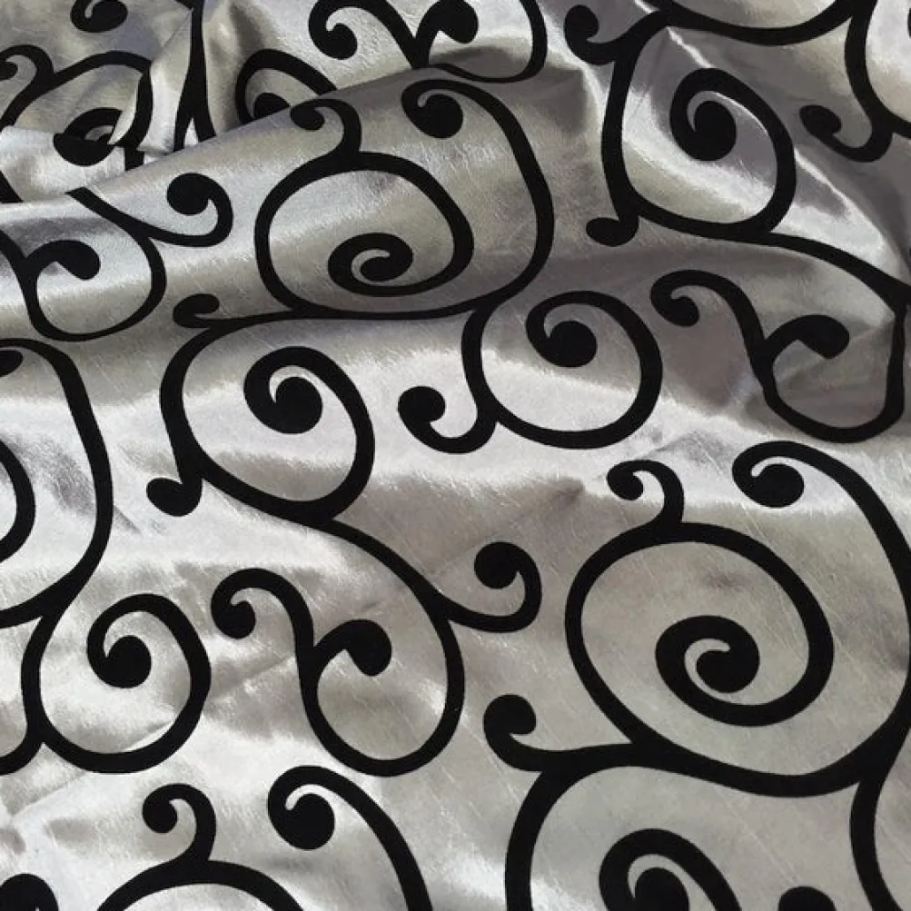 Swirl Flocking Taffeta Table Runner in Black on Silver