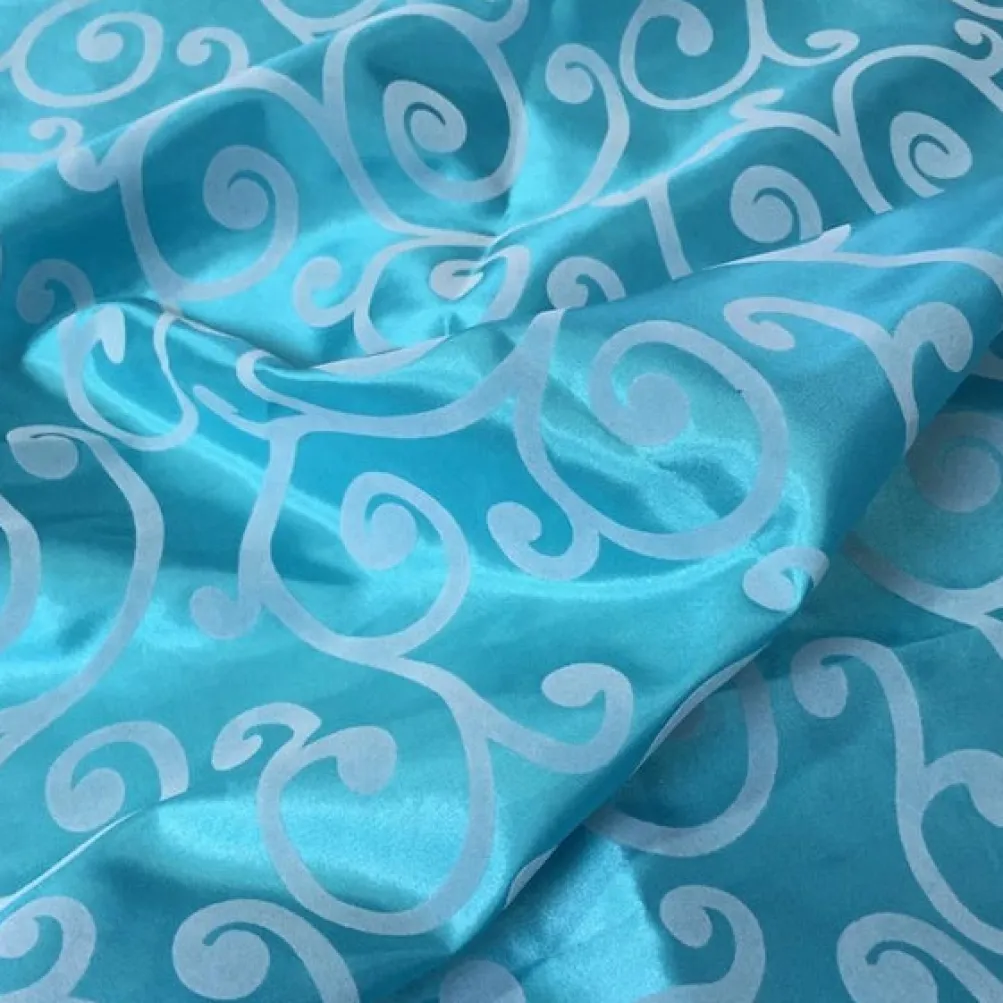 Swirl Flocking Taffeta Table Runner in Silver on Turquoise