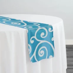 Swirl Flocking Taffeta Table Runner in Silver on Turquoise