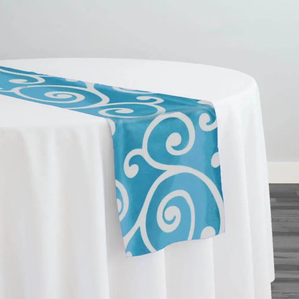Swirl Flocking Taffeta Table Runner in Silver on Turquoise
