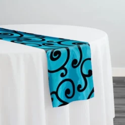 Swirl Flocking Taffeta Table Runner in Black on Turquoise