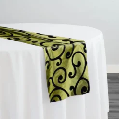 Swirl Flocking Taffeta Table Runner in Black on Olive