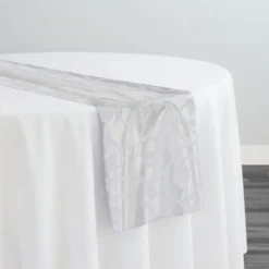 Swirl Flocking Taffeta Table Runner in White on White