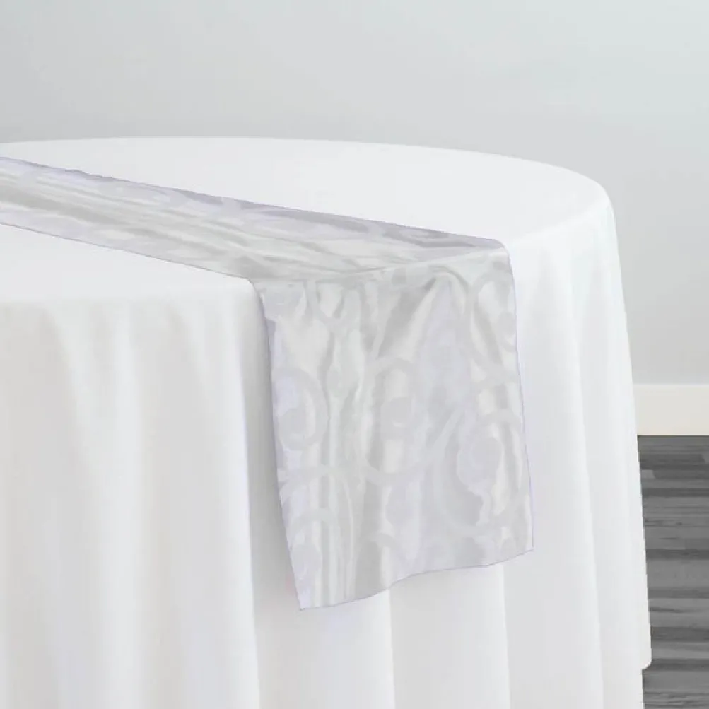 Swirl Flocking Taffeta Table Runner in White on White