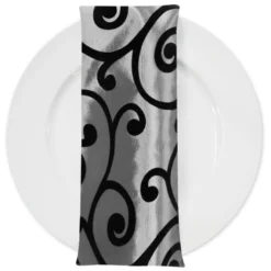 Swirl Flocking Taffeta Table Napkins in Black and Silver