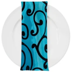 Swirl Flocking Taffeta Table Napkins in Black and Turquoise
