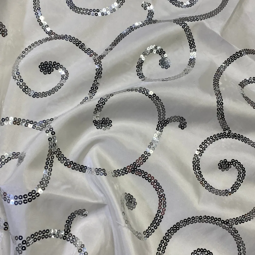 Swirl Sequins Taffeta Table Linen in Silver and White