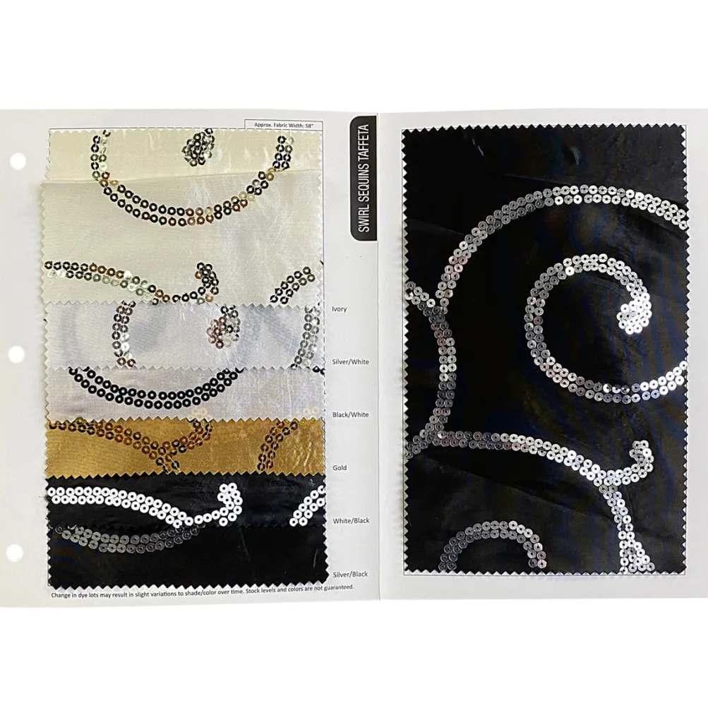 Swirl Sequins Taffeta Table Linen in Silver and White