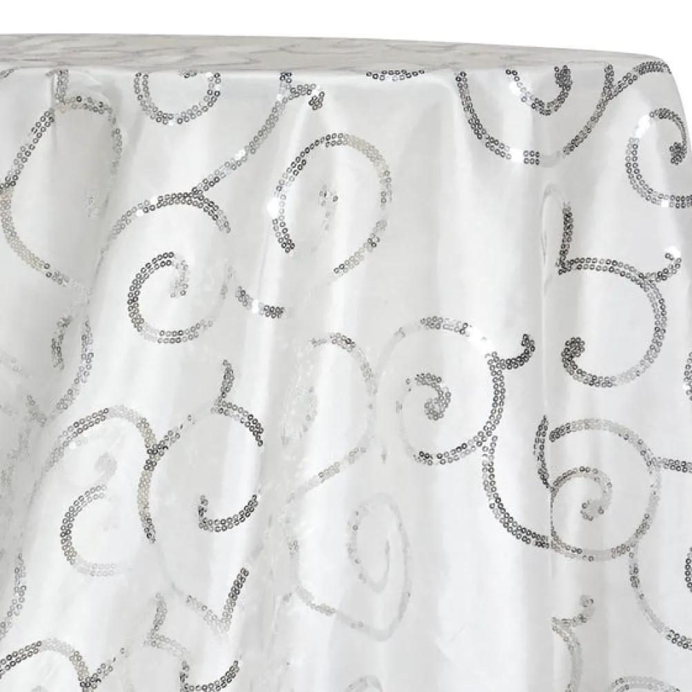 Swirl Sequins Taffeta Table Linen in Silver and White