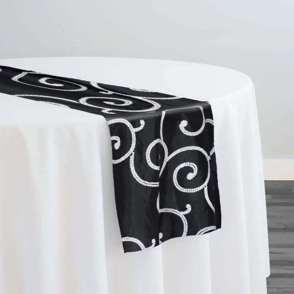 Swirl Sequins Taffeta Table Runner in White and Black