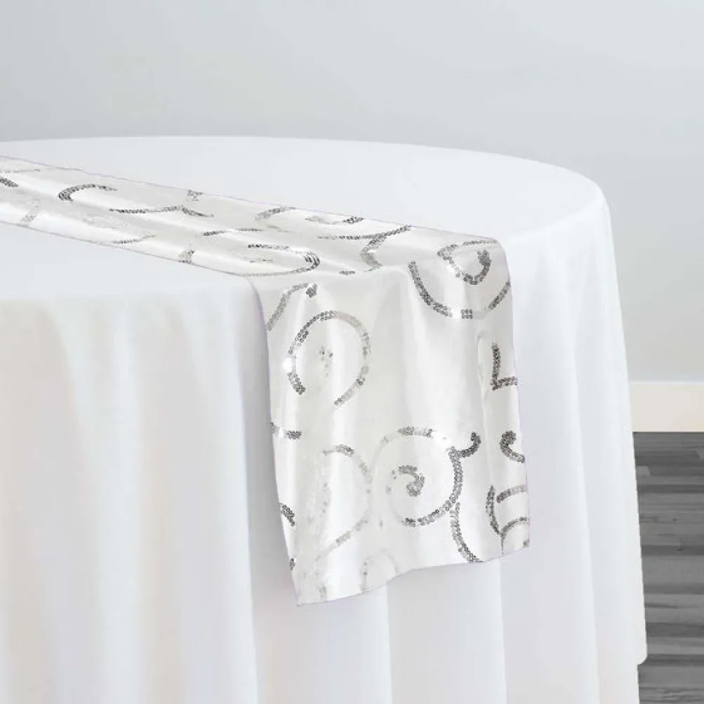 Swirl Sequins Taffeta Table Runner in Silver and White