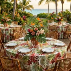 Tropical Print (Dupioni) Table Linen in Red